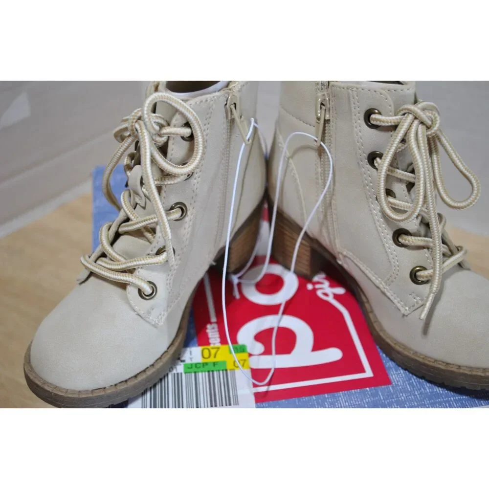 Pop Girl's Venti Block Heel Lace Up Boots Bone Color Size 11M
